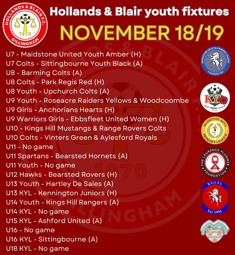 handbfcyouth's tweet photo. Good luck to all the @hollandsblairfc youth sides in action this weekend @KentYouthLeague @InvictaLge @KGLFL @PrimaryLge ⚽️⚽️⚽️⚽️🔴⚪️🔵🟡 https://t.co/DvyYYxL1dG