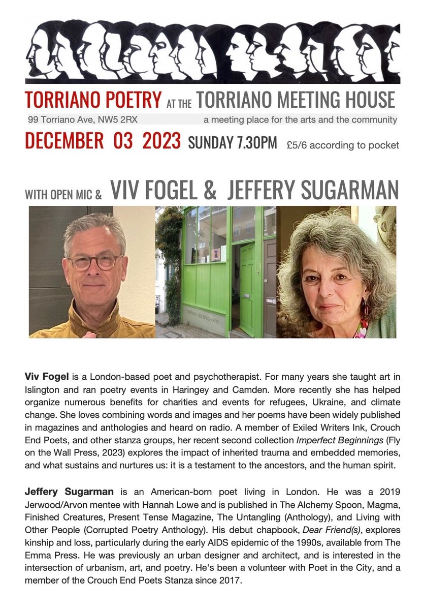Save the Date: 3 Dec, 7:30pm | Viv Fogel and I will be reading at the quirky old, 70's retro, Torriano Meeting House in Camden. If you haven't been before it's a blast into the past... tho the poetry is strictly 'now'! 👏 Come early to book an Open Mic spot if you want to read!