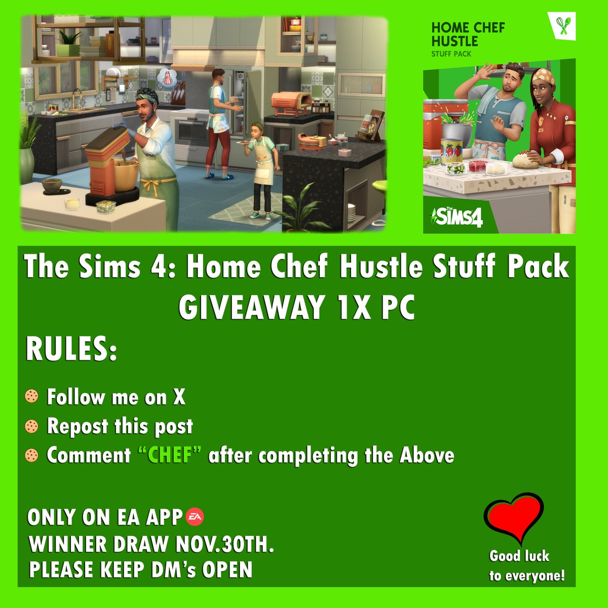 lifeofsimsyt's tweet photo. GIVEAWAY - The Sims: 4 Home Chef Hustle Stuff Pack 👨‍🍳🍳

Thank you for your support recently and as promised, we have a new giveaway this month as well.🥰

🔴Those who have accounts only with participation in contests will not be taken into account.

#TheSims4 #sims4homechef #giveaway #lifeofsims