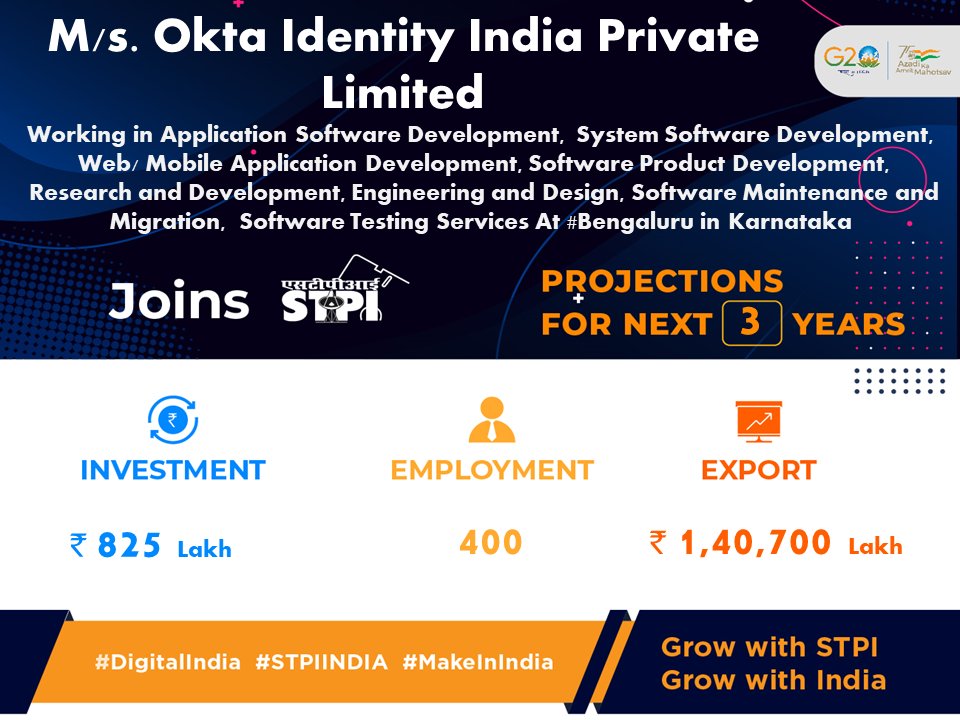 STPIBengaluru's tweet photo. Welcome, M/s. Okta Identity India Private Limited! Looking forward to a successful journey ahead. #GrowWithSTPI #DigitalIndia #STPIINDIA #StartupIndia @AshwiniVaishnaw @Rajeev_GoI https://t.co/w9OZBYH3H1