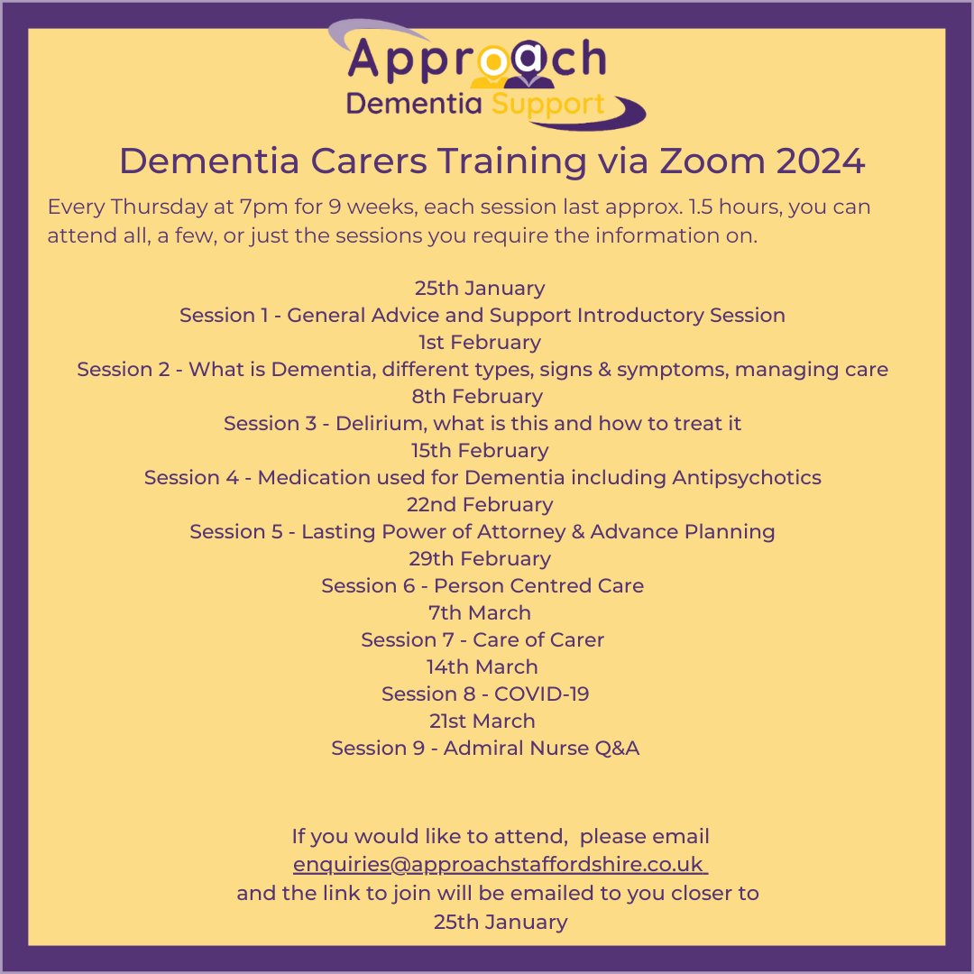 ApproachStaffs's tweet photo. There are plenty of spaces left on our first Dementia awareness training course via Zoom in 2024.
Please email enquiries@approachstaffordshire.co.uk to express your interest, the link will be sent out a week before the training starts. https://t.co/wWjbTO0ddn