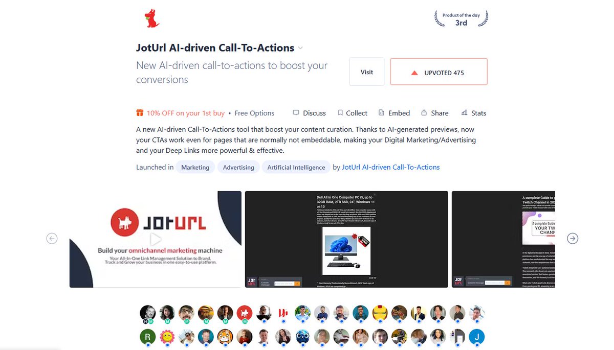 jotURL's tweet image. We are very excited to announce that we reached the THIRD PLACE in the Product Hunt launch! 🚀
Thanks everybody for your incredible love and support ❤

#producthunt #joturl #ai #marketing #DigitalMarketing