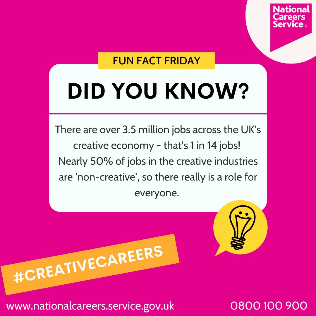 #FunFactFriday💡

Did you know there are over 3.5 million jobs across the UK’s creative economy? That’s 1 in 14 jobs!  

From music to publishing, to advertising and fashion, there's a role for everyone 👇 

ow.ly/5wkV50Q6hYj  

#DiscoverCreativeCareers #GoCreate