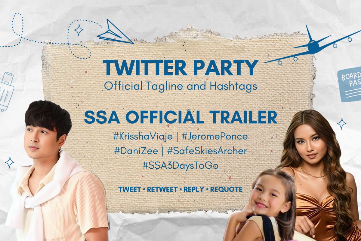 KriShinesOFC's tweet photo. THE LONG WAIT IS FINALLY OVER! The official trailer of Safe Skies, Archer will be released later, for now let's show our excitement by tweeting using the official tags
SSA OFFICIAL TRAILER
#KrisshaViaje | #JeromePonce
#DaniZee | #SafeSkiesArcher
#SSA3DaysToGo https://t.co/3ND5nwlqI3