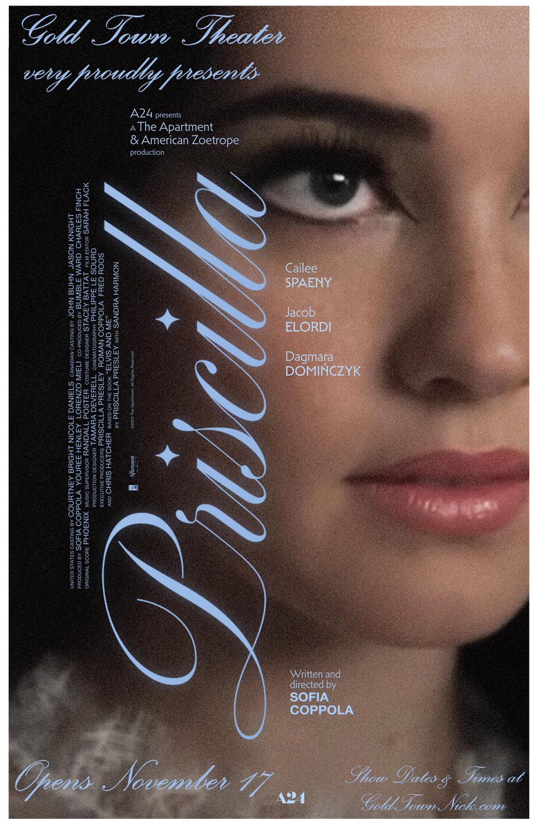 GoldTownTheater's tweet photo. Opens tonight!! Sofia Coppola’s newest picture, PRISCILLA, is her first theatrical film in over six years. We’re so lucky &amp; excited to get this, it’s kind of a big deal!

Plays Fri &amp; Sat at 6:30 &amp; 8:30 and Sun at 4 &amp; 6:30

Bonus shows Mon &amp; Tue at 6:30, plus a Wed 4:30 matinee https://t.co/Cp5X3W5RmA