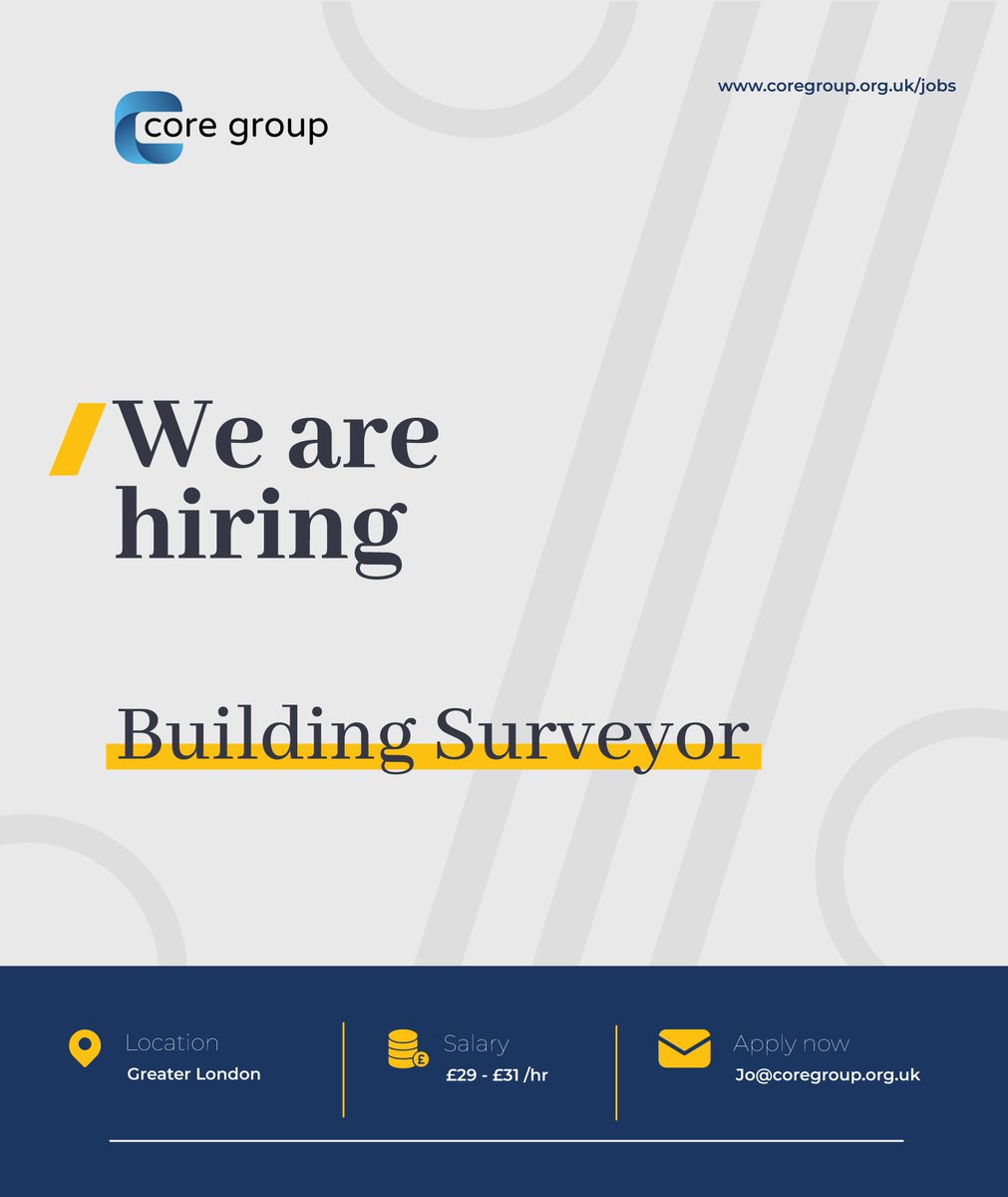 Core Group (@coregroup_uk) on Twitter photo 𝐁𝐮𝐢𝐥𝐝𝐢𝐧𝐠 𝐒𝐮𝐫𝐯𝐞𝐲𝐨𝐫 - Social Housing, Damp and Mould
Greater London 📍
£29 - £31 /hr
tinyurl.com/cy94kh3k
For further inquiries or to express your interest, please contact Jo on jo@coregroup.org.uk
#WeAreCG #Wearethecore #CoreGroup #UKJobs #greaterlondonjobs 𝐁𝐮𝐢𝐥𝐝𝐢𝐧𝐠 𝐒𝐮𝐫𝐯𝐞𝐲𝐨𝐫 - Social Housing, Damp and Mould
Greater London 📍
£29 - £31 /hr
tinyurl.com/cy94kh3k
For further inquiries or to express your interest, please contact Jo on jo@coregroup.org.uk
#WeAreCG #Wearethecore #CoreGroup #UKJobs #greaterlondonjobs