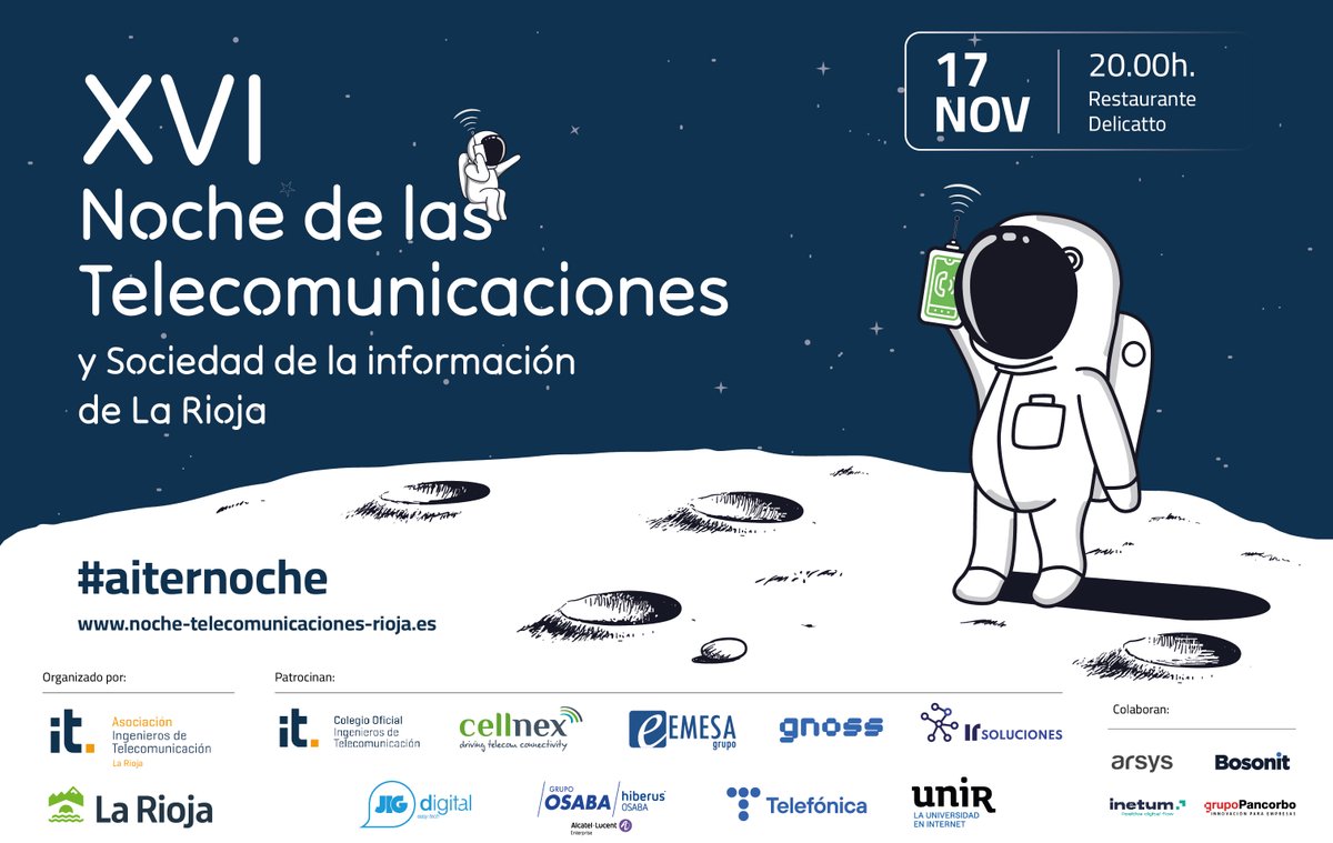 Esta tarde (20h) celebramos #aiternoche. Esperamos disfrutar de una Noche especial junto con los premiados 🏅 ( Javier Galiana, SDI Digital Group @SDiDigitalGroup, SSH Team <a href="/SSH_Team/">SSH team ciberseguridad</a>, y TheCircularLab @TheCircularLab), patrocinadores y colaboradores.
noche-telecomunicaciones-rioja.es