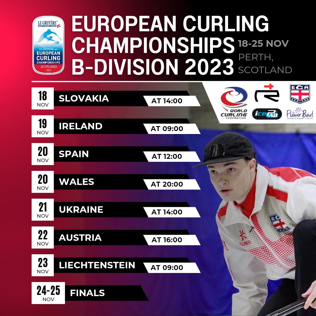 TeamRetchless's tweet photo. We are super excited to be kicking off our European Curling Championships B-Division tomorrow against Slovakia.

The event is being hosted in the Dewars centre, Perth, with free access for spectators.

#ECC2023 #ECCB2023 #curling #england https://t.co/ABN0z5Rm6o