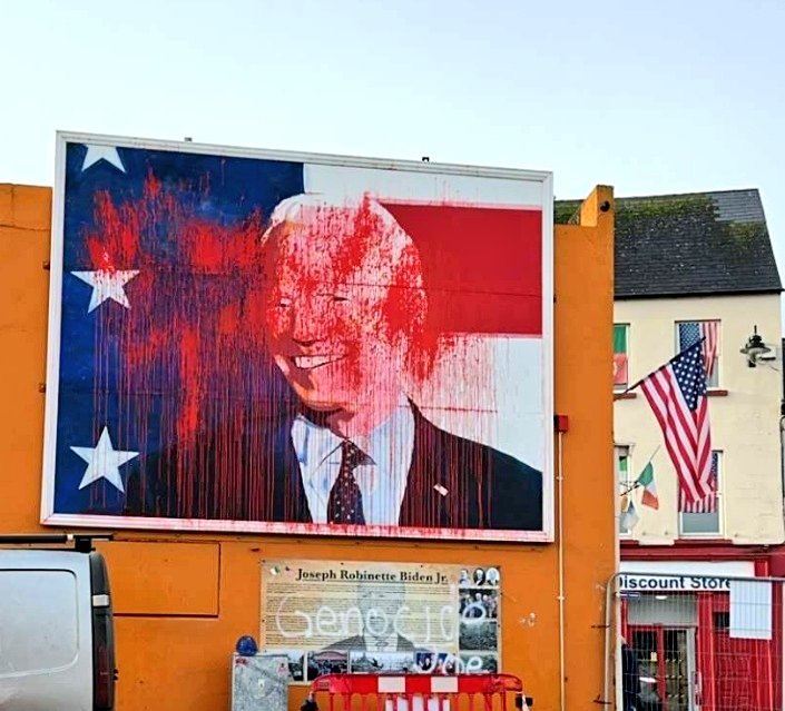 Mural of Joe Biden vandalised in Ballina
Genocide Joe wrote under it.