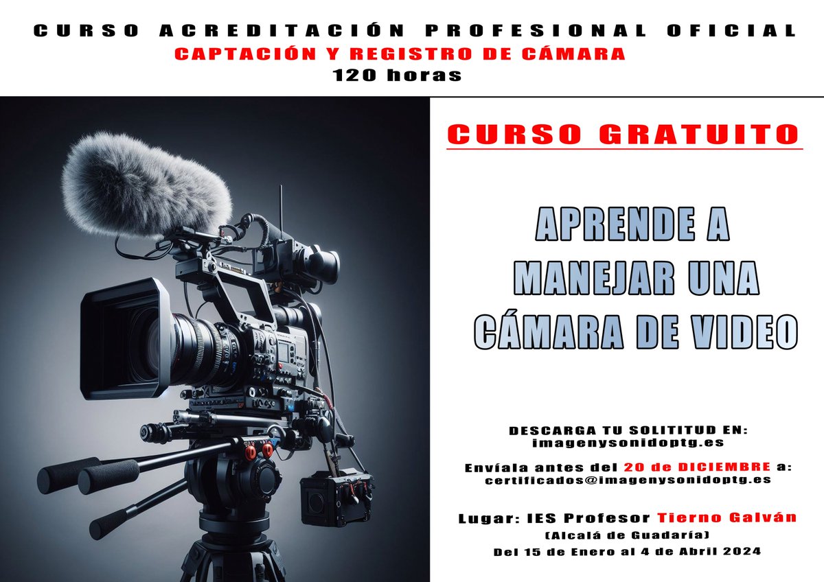 nuevo curso de CERTIFICADO DE PROFESIONALIDAD de CAPTACIÓN Y REGISTRO DE CÁMARA en el #iesptg puedes consultar toda la información e inscribirte en   …osprofesionalidad.imagenysonidoptg.es #somosimagenysonido