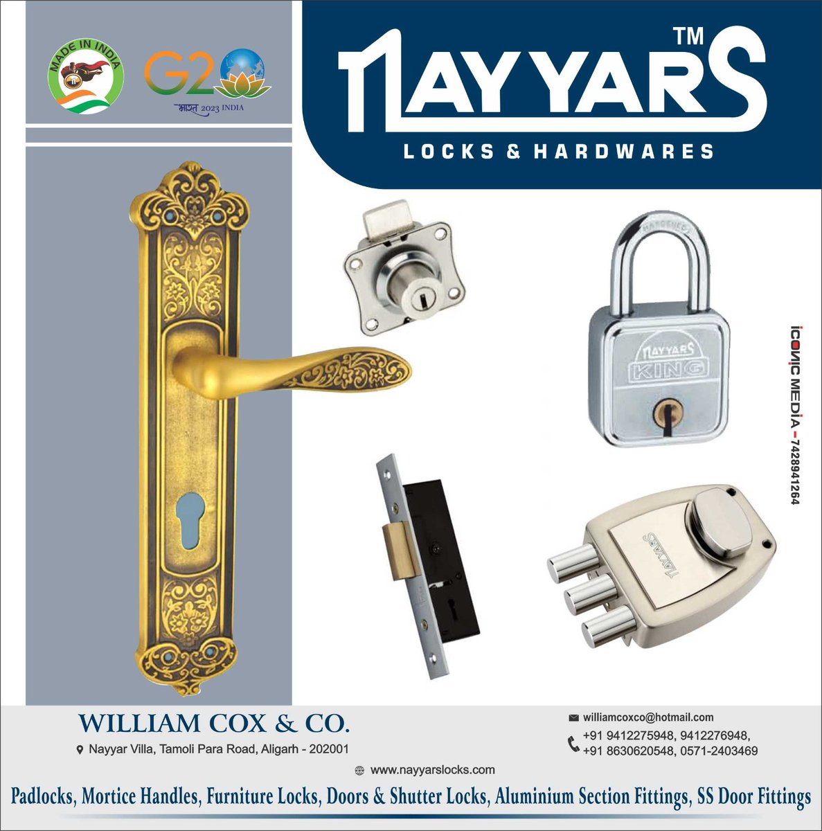voiceofhardware's tweet image. For enquiry Via WhatsApp Click:-
bit.ly/91-9412275948
 #furniturelock #doorlock #shutterlock #ssdoorfittings #hardwaremanufacturer #aligarh #nayyars
#voiceofhardwareindustry 
 *WILLIAM COX &amp;amp; CO. (ALIGARH)* 
Mr. Saurabh Nayyar - +919412275948

Email:- williamcoxco@hotmail.com