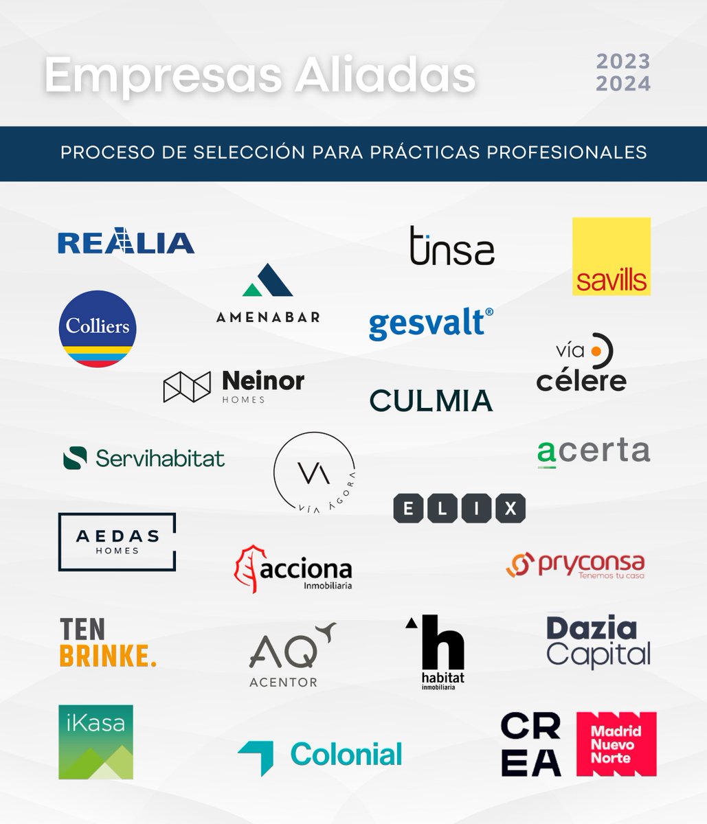 🤝 ¡Arrancamos el Proceso de Selección para las Prácticas con un destacado abanico de Empresas Aliadas!

Estas compañías  recibirán a un estudiante de la VIII promoción Grado Inmobiliario ASPRIMA-UPM para realizar prácticas profesionales por 6 meses.👏

#ASPRIMA #APCEspaña #UM