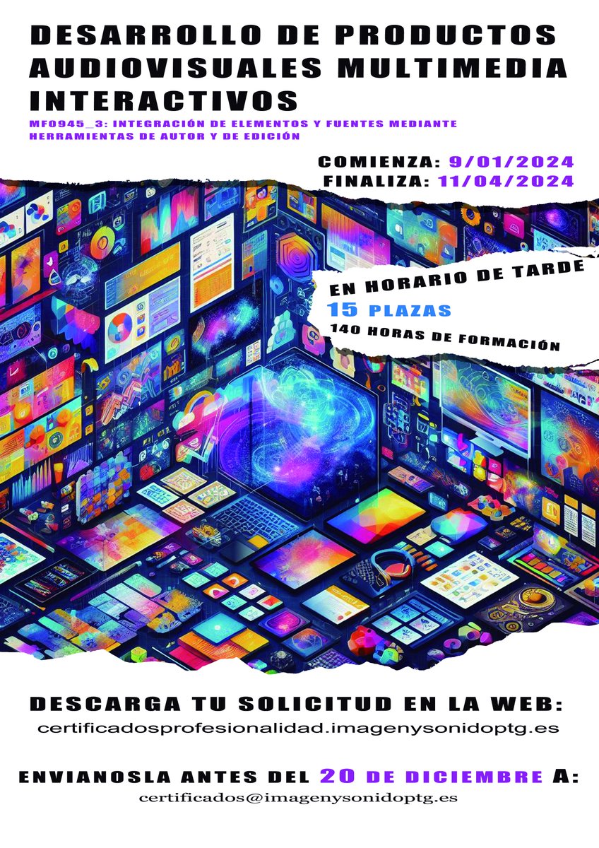 nuevo curso de CERTIFICADO DE PROFESIONALIDAD de DESARROLLOS DE PRODUCTOS AUDIOVISUALES MULTIMEDIA INTERACTIVOS en el #iesptg puedes consultar toda la información e inscribirte en   …osprofesionalidad.imagenysonidoptg.es #somosimagenysonido