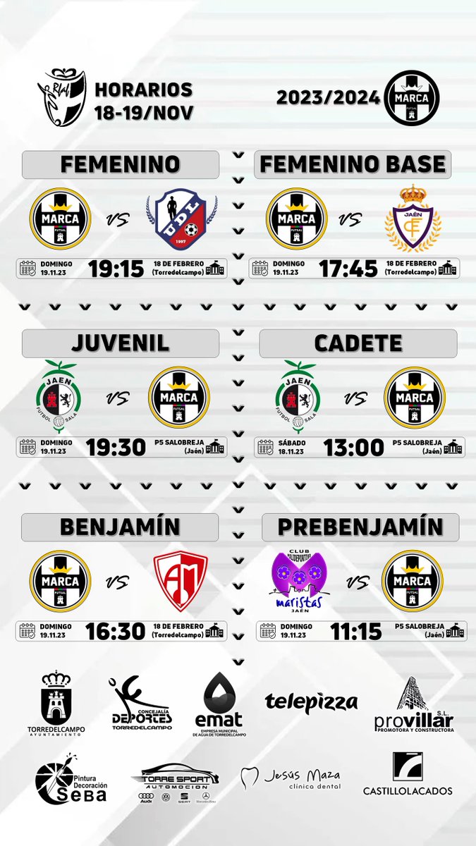 ⏰Horarios del fin de semana del 18 y 19 de octubre de 2023 para nuestros equipos federados🤍🖤

🏆Todos nuestros equipos competirán.
▶️3 partidos en casa para el domingo por la tarde🏠