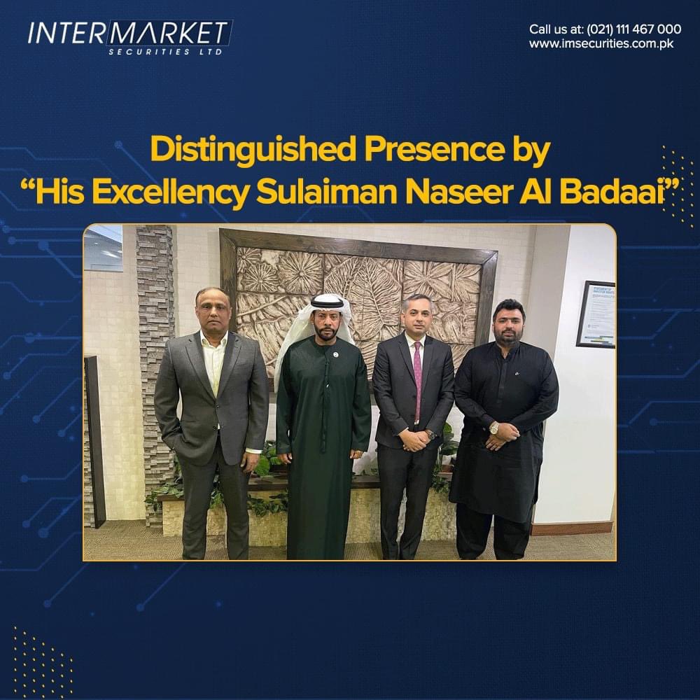 AFZALPA83547660's tweet image. His Excellency Sulaiman Naseer Al Badaai, Board Adviser of Sheikh Nahyan bin Mubarak Al Nahayan visited Intermarket Securities Limited, strengthening bonds and fostering collaboration.

#IntermarketSecurities #IMTrade #UAE #Pakistan
