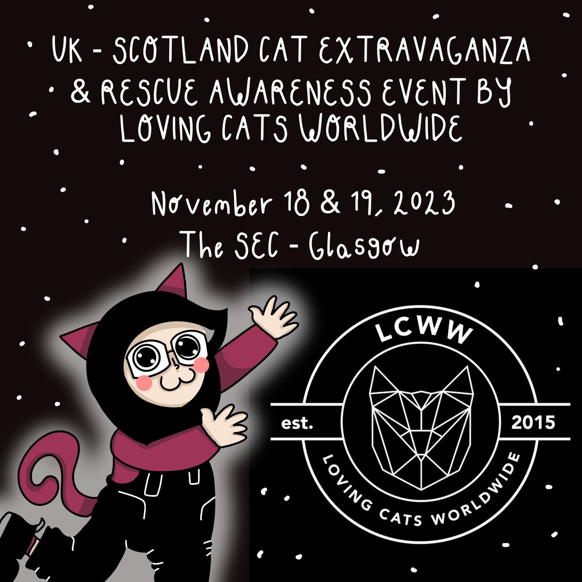 Nytastic's tweet photo. CALLING ALL CAT LOVERS! FIND MEOW THIS WEEKEND AT @LCWWGroup LOVING CATS WORLDWIDE EVENT AT THE @SECGlasgow 

I’ll be selling prints, pins, crochet kitties and much more!
 
See ya soon! 

#catconvention #cat #catfair #catevent #cats #artistalley #artfair #lovingcatsworldwide https://t.co/54Zuvt0CWg