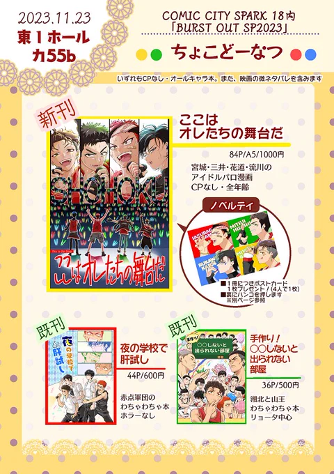 11/23 スパーク(BURST OUT)お品書き🏀 ➤東1ホール カ55b ➤ちょこどーなつ  新刊1冊(ノベルティあり)、既刊2冊です。ツリーにサンプルと、ノベルティ紹介を引用します