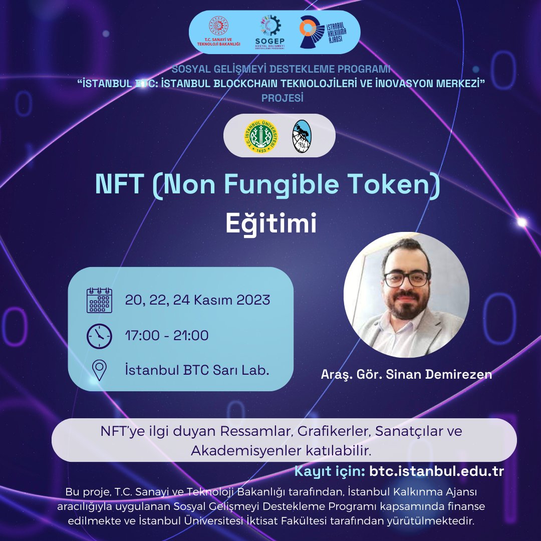 Dijital varlıklar da sınırlı ve sahipli olabilir mi?

Araş. Gör. Sinan Demirezen (<a href="/Sinan_Dmrzn/">Sinan Demirezen</a>) tarafından verilecek NFT Eğitimi 20, 22, 24 Kasım tarihlerinde 17:00 - 21:00 saatleri aralığında İstanbul BTC Sarı Laboratuvarda gerçekleştirilecektir. Eğitim ücretsizdir. 

Kayıt