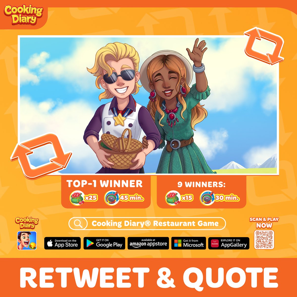 cookingdiary's tweet photo. How long have you played Cooking Diary? Retweet with your answer – check your diary in the game or give us an approximate time: https://t.co/gYNADGxtdR 😍
Whether you're a seasoned or a new Chef, we appreciate you being with us ❤️Participate and stand a chance to win! 

Here's how to participate:
1) Follow us @cookingdiary
2) Quote this tweet with your answer to the question 'How long have you played Cooking Diary?'"

▼ TOP-1 winner will won:
25 rubies
45 min. Megapan
▼ 9 winners will get:
15 rubies
30 min. Megapan

Contest window: From November 17th to November 23rd, 2023, ending at 23:59 GMT +7.
10 lucky winners will be revealed on November 24th.

Entering means you agree to our Contest Terms: https://t.co/A9soO0kNze.

Attention, Chefs! When the results roll in, keep an eye on your DMs. If your profile is private, adjust your settings so we can reach out to you. Miss the call? Prizes might just slip away. Whip up some luck, Chefs!

#cookingdiary #giveaway #mobilegame #contest