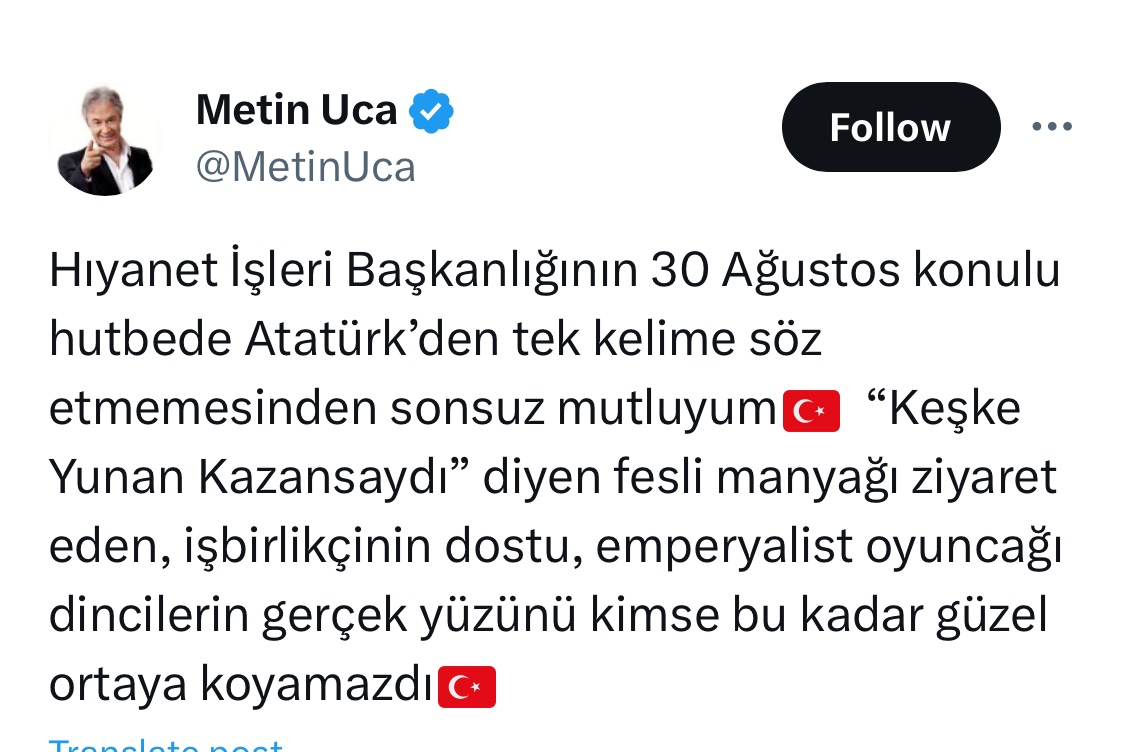 Diyanet İşleri Başkanlığına sesleniyorum.

Size Hıyanet diyen ve kameralar önünde öldüğünde arzusunun yakılmak olduğunu sık sık ifade eden müteveffa #MetinUca ’nın cenazesi için imam tayin etme gafletine düşerseniz, işte o zaman millet size gerçekten “hıyanet” yakıştırması yapar.