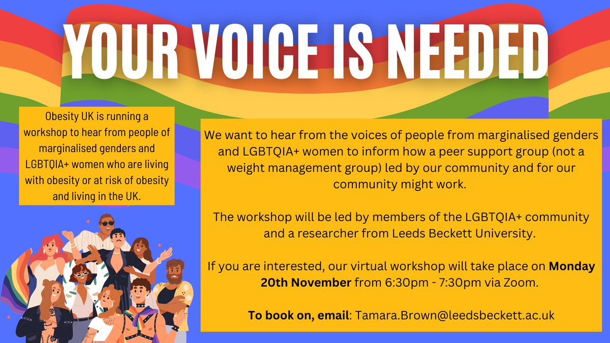 Can you help with shaping a culturally tailored support group to meet the needs of our LGBTQIA+ community who are living with obesity or at risk of obesity & living in the UK? 👇