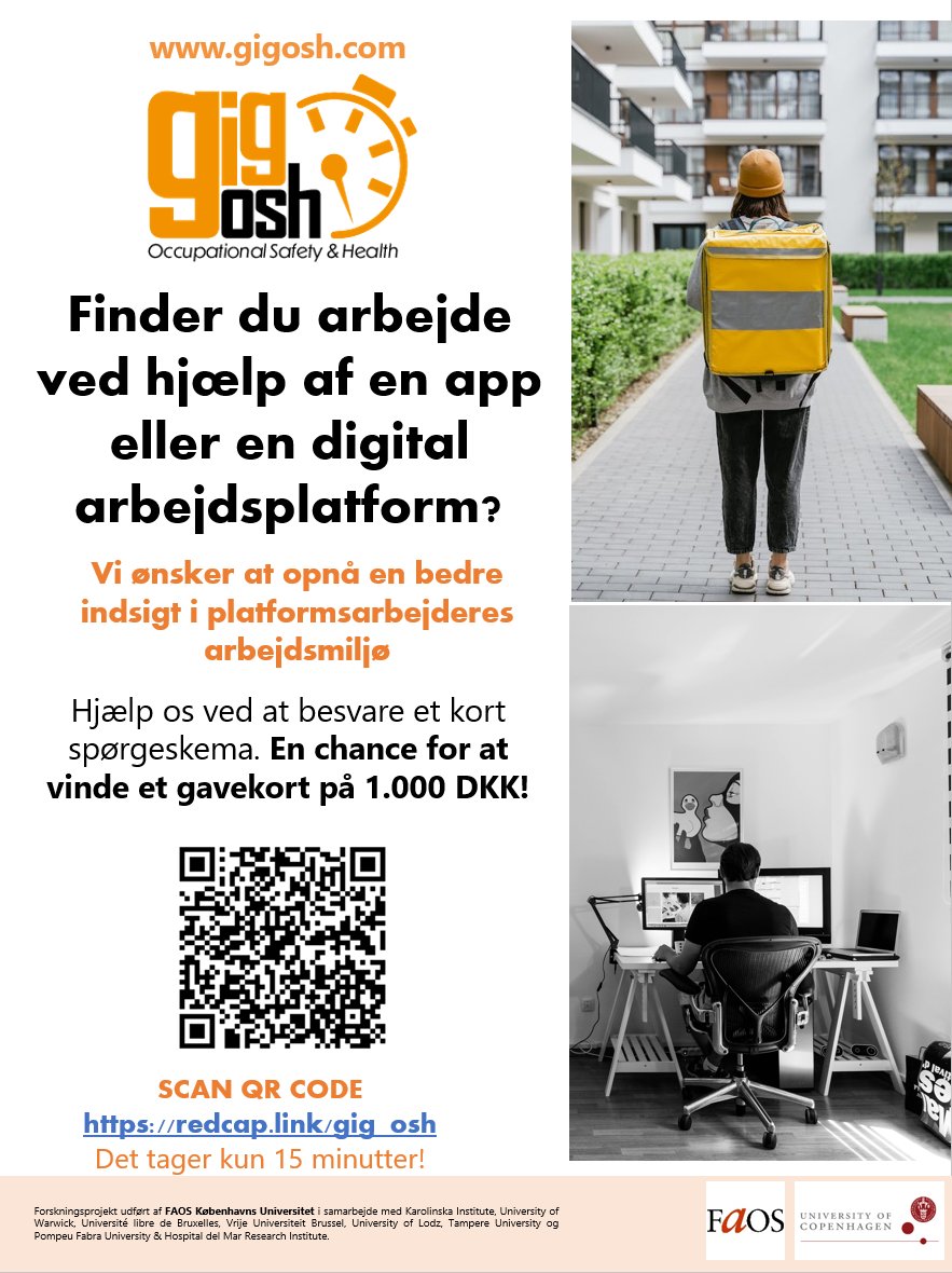 Finder du arbejde via en app eller en digital platform?
<a href="/FAOSdanmark/">FAOS</a> ønsker at få en bedre forståelse af arbejdsmiljø og sikkerhed blandt platformarbejdere. Hjælp os ved at besvare en kort undersøgelse: redcap.link/gig_osh
#dkpol #arbejde #digidk #arbejdsmarked