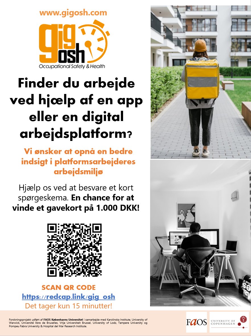 Finder du arbejde via en app eller en digital platform? @FAOSdanmark ønsker at få en bedre forståelse af arbejdsmiljø og sikkerhed blandt platformarbejdere. Hjælp os ved at besvare en kort undersøgelse: redcap.link/gig_osh #dkpol #arbejde #digidk #arbejdsmarked