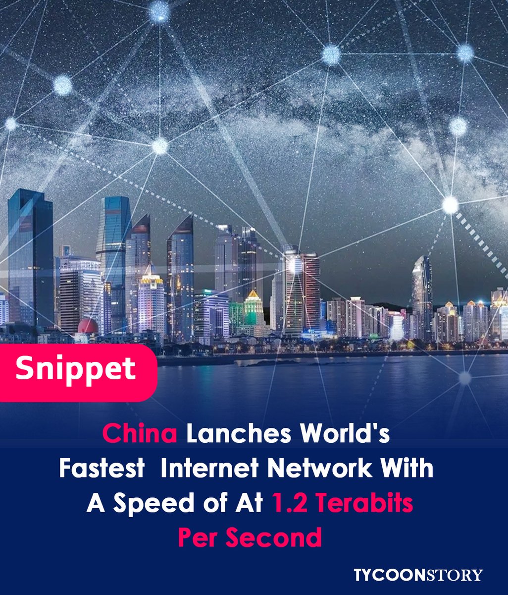 TycoonStoryCo's tweet photo. China Introduces 1.2 Terabit Per Second Internet, The Fastest In The World.

#ChinaInternet #WorldFastestInternet #ChinaMobile #networking #internetnetwork #speeds #huawei #singlesecond #internetconnection #singlesecond @Huawei https://t.co/1KxxW3UCHi