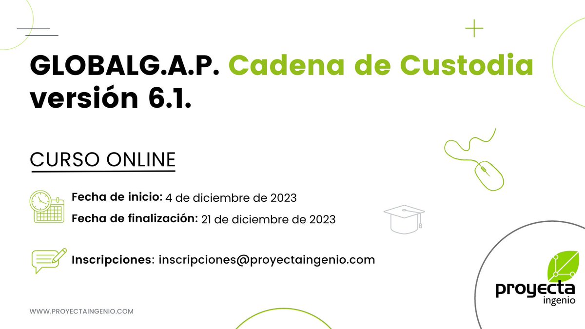 💥 NUEVO CURSO ONLINE💻 GLOBALG.A.P. Cadena de Custodia versión 6.1.✅
📅 Del 4 al 21 de diciembre.
📍Dirigido a técnicos y responsables de calidad, trabajadores de agencias de comercialización de productos hortofrutícolas.
Inscripción 👇👇👇
acortar.link/3ik3Kh