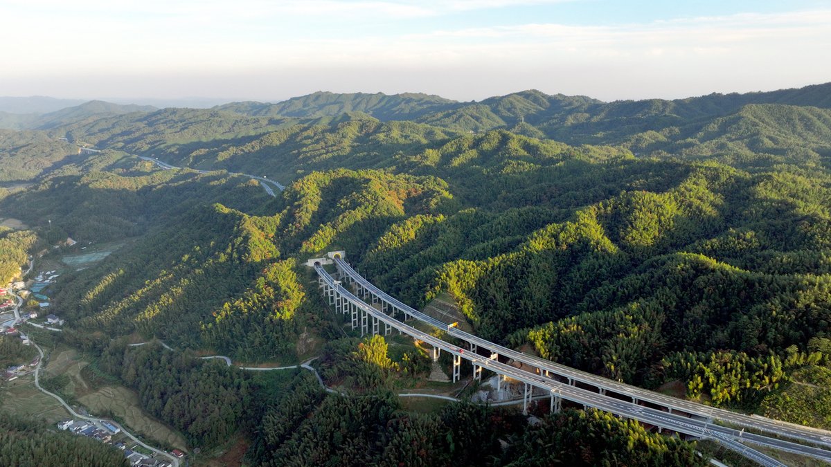 The highway crosses the vast bamboo sea in Shuangfeng Forest Farm, Yifeng County, Jiangxi Province, forming an ecological picture. #NatureBeauty  #HighWay #bamboo #ecologicaltransition #China #Jiangxi #photography #LoveIsland