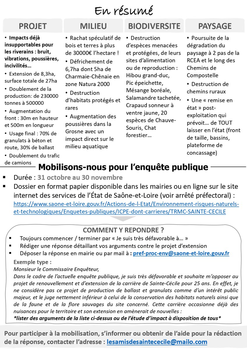 ❌ NON à l’extension de la carrière de Sainte-Cécile (71) !  

Mobilisons-nous contre ce futur désastre écologique !  

👉 Pour l’enquête publique jusqu'au 30 novembre 2023
👉 Lors de la manifestation le 25/11 à 14h (Rdv à l’église de Sainte-Cécile)