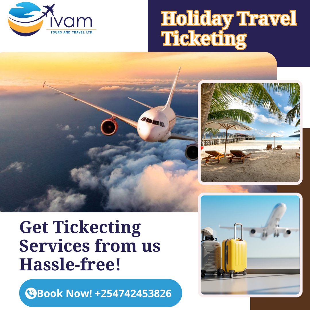 Ivamtours's tweet image. Planning a vacation this holiday season?
Trust us, exploring our flight booking services is worth it!
Contact us
📲 +254742453826
📧ivamtours@gmail.com
#ticketingservices #Telegram #SouthC #FridayFeeeling