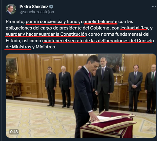 FroilLannister's tweet photo. 1) Empieza prometiendo por dos cosas que no tiene. 
2) Cumplir fielmente. Primera mentira.
3) Lealtad al Rey. Jajaja.
4) Guardar la Constitución. Ya se ha visto lo que la guarda: en el maletero de Puigdemont.
5) Mantener el secreto de las deliberaciones. Filtrando todo a Lo País.

4 mentiras y 1 perjurio en 5 líneas.