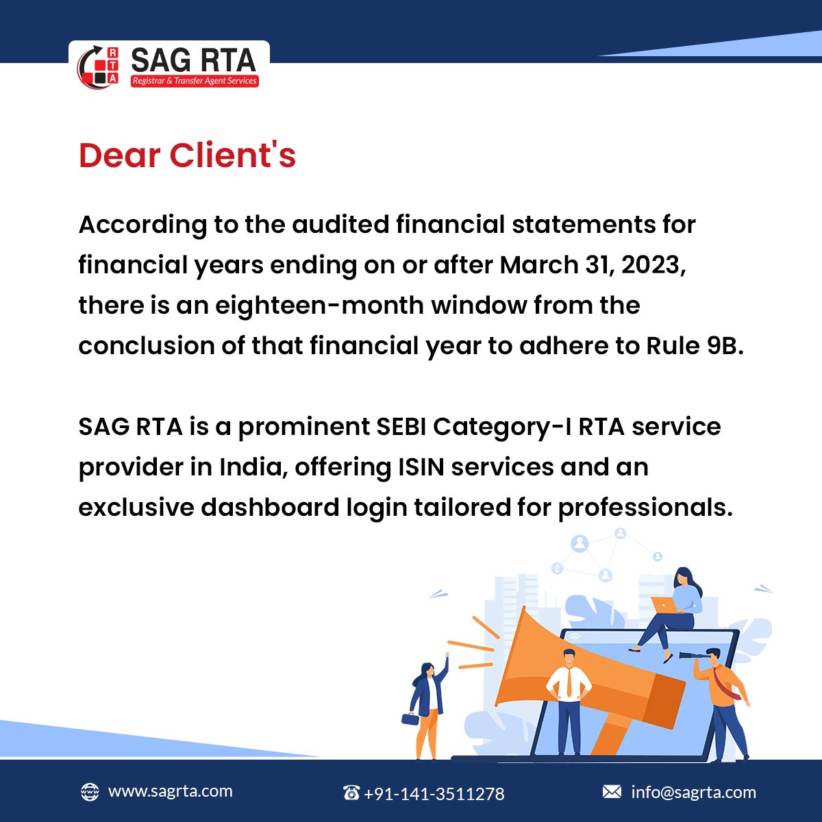 sag_rta's tweet image. According to the audited financial statements for #financialyears ending on or after March 31, 2023, there is an eighteen-month window from the conclusion of that financial year to adhere to #rule9B.
Get more: bit.ly/3FFaoaB
#sagrta #rta #SEBI #RTAservices #isinservice