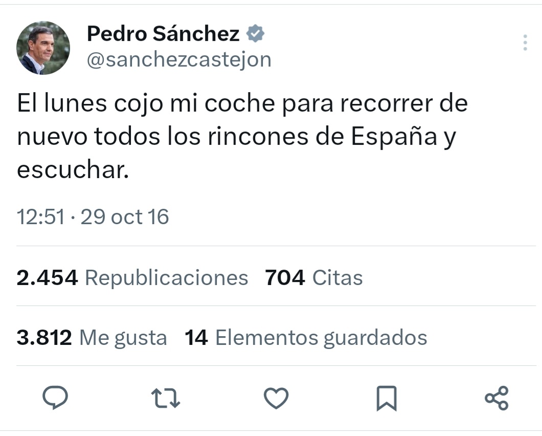 IsaiasLafuente's tweet photo. Hace 7 años dejó el escaño y la dirección del PSOE. Esde entonces ganó la moción a Rajoy, dos veces a Casado, superó dos censuras de VOX y ha sido investido a pesar de no ganar las elecciones. Se le podrá querer, odiar o ignorar, pero es ilógico que sus rivales aún lo desdeñen. https://t.co/V5mc9A9jXl