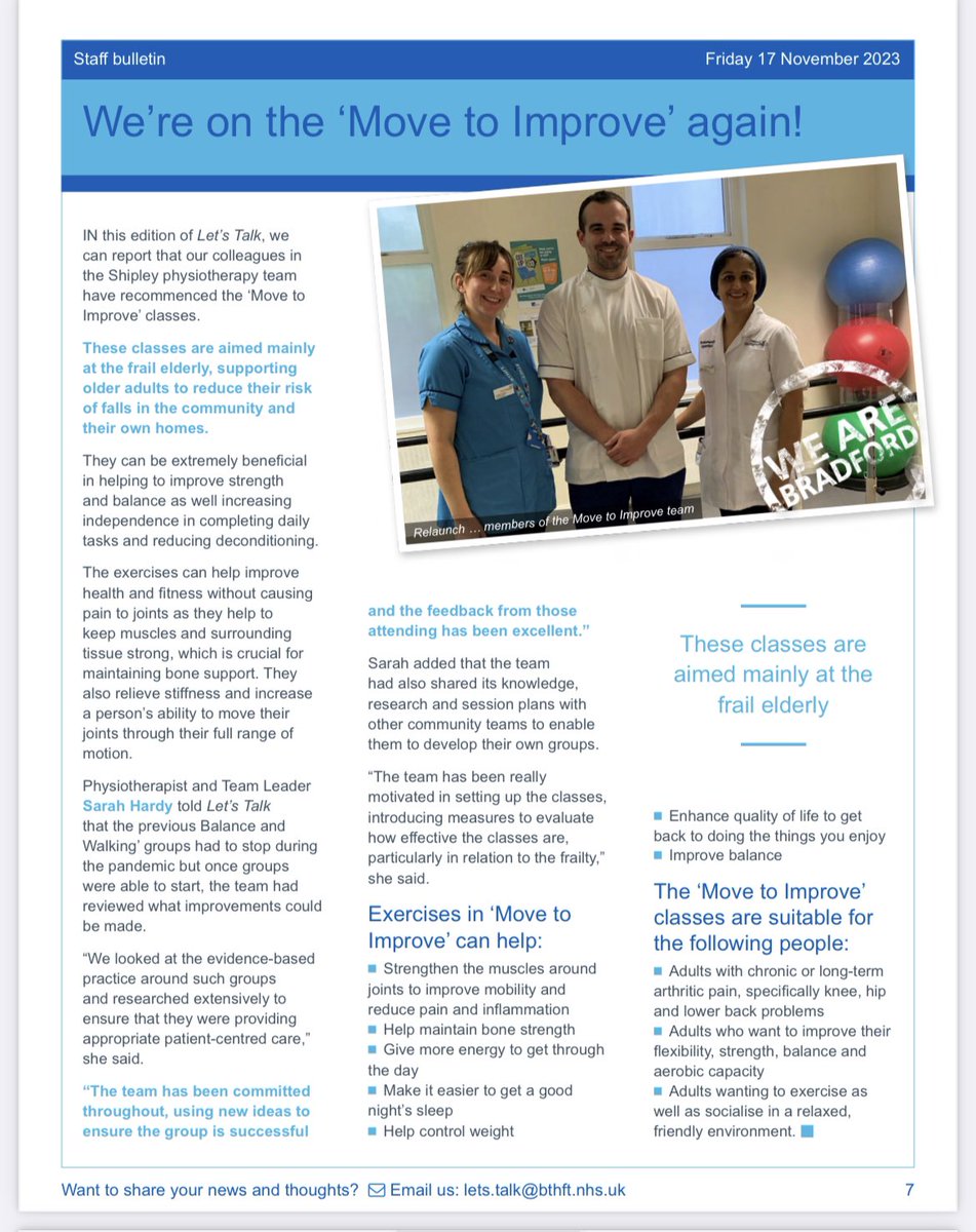 Check out this weeks Let’s Talk to read all about our therapy led ‘Move to Improve Groups’ being run for frail elderly patients in the community