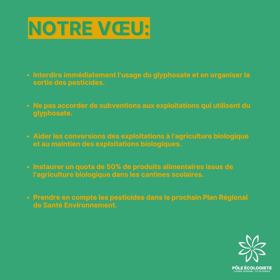 PoleEcolo_IDF's tweet photo. 🔴La commission Européenne prolonge l’autorisation d’utilisation du #glyphosate pour 10 ans.
Notre vœu:
🌱Arrêtons de #subventionner les pesticides.
🐞Aidons à la transition #bio.
🚐Intégrons les effets négatifs dans les plans #santé. https://t.co/VqBh60IJ24