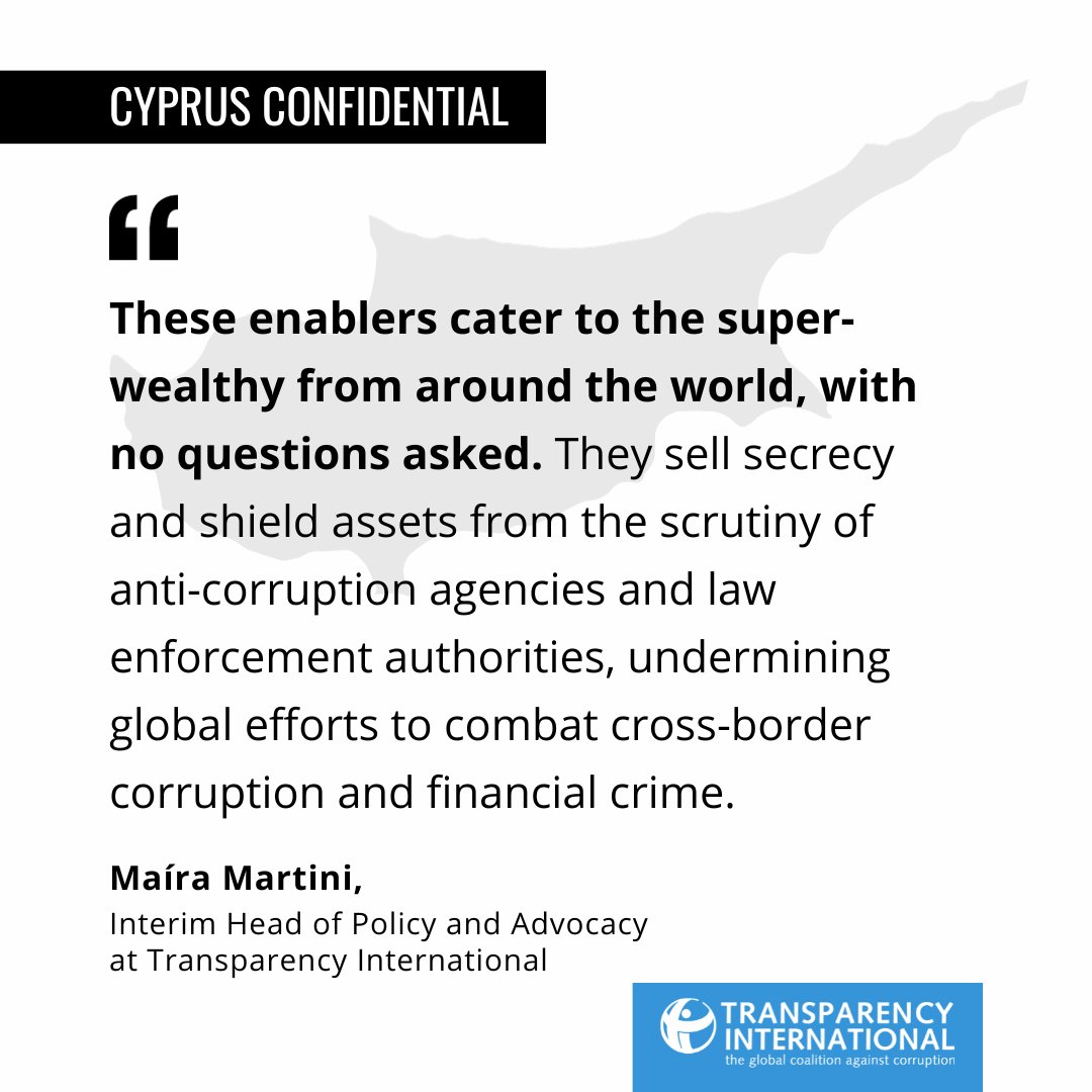 #CyprusConfidential ➡️ 'Decisive action against enablers in the non-financial sector is long overdue in Cyprus and beyond. These enablers cater to the super-wealthy from around the world, with no questions asked.' - @mairarmartini.

Read more: anticorru.pt/2RD