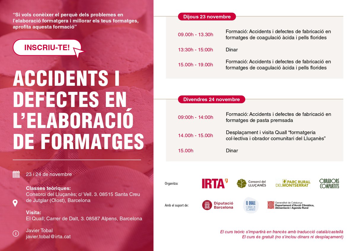 Cons_Llucanes's tweet image. 🧀 Formació: Accidents i defectes en l’elaboració de formatges.

👉🏻 Dirigida a persones en actiu que treballin en el sector formatger o futurs formatgers.

🗓️ 23 i 24 de novembre

✔️ Gratuïta

ℹ️ Més informació i inscripcions 🔗 transferencia.irta.cat/activitats/acc…

#BcnSmartRural #Lluçanès