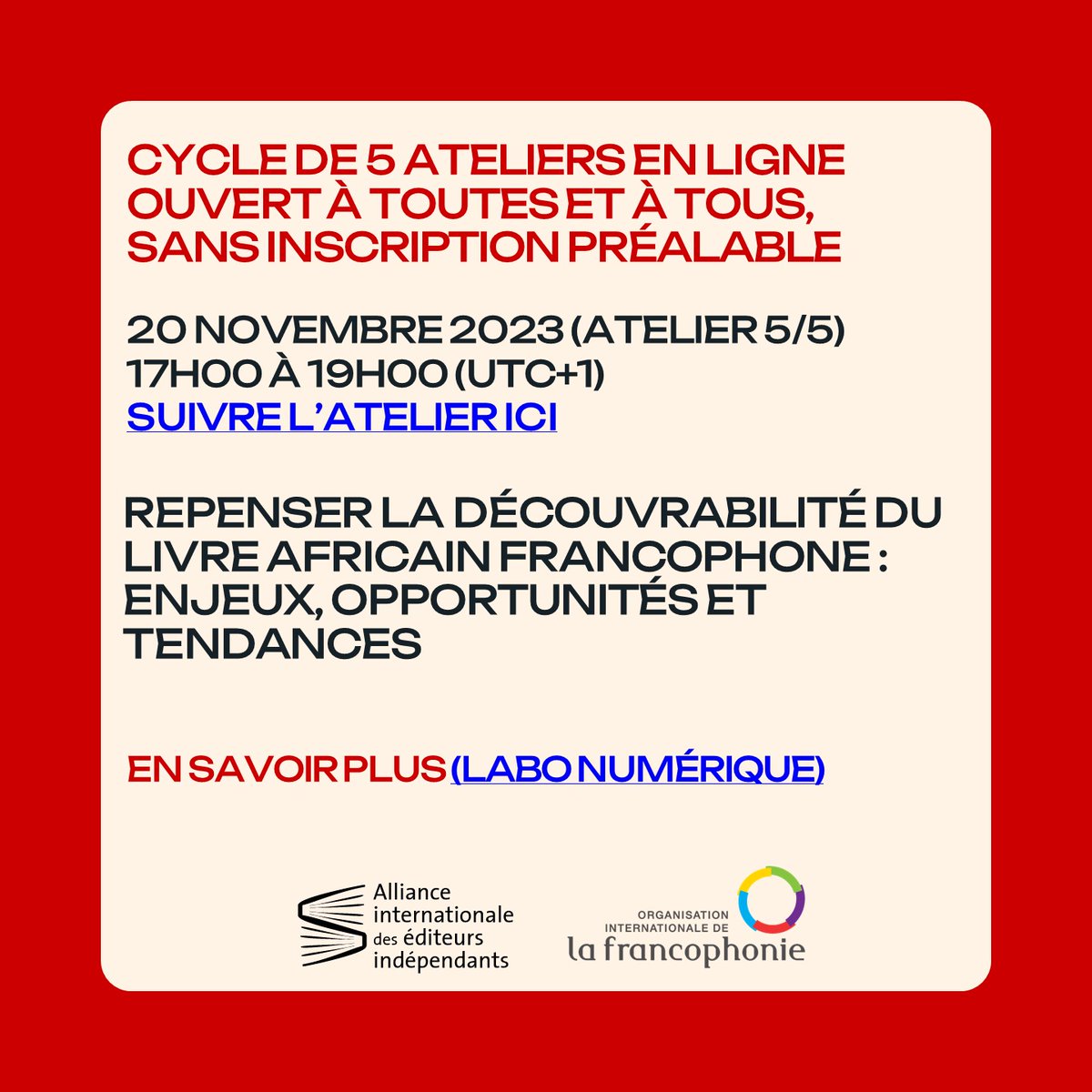 Le 5e atelier du cycle consacré à la découvrabilité organisé grâce au soutien de l'<a href="/OIFrancophonie/">La Francophonie</a> (OIF) et à l'appui de l'Alliance se déroulera lundi prochain à 17h (UTC+1) ! Intitulé "Repenser la découvrabilité du livre africain francophone : enjeux, opportunités et tendances",