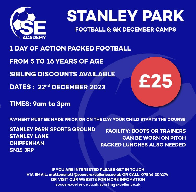@SoccerExcellenc are running a December football camp at Stanley Park Sports Ground on Friday 22nd December from 9:00 - 15:00pm Please see the poster for more details ⬇️