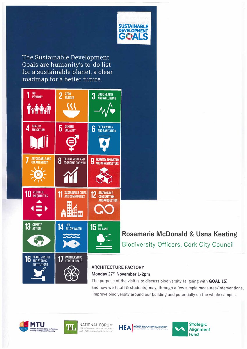 @corkcitycouncil biodiversity officers, Rosemarie McDonald and Usna Keating will visit The Dept of Architecture Factory @MTU_ie on Monday 27th November from 1-2pm. Looking specifically at SDG15. Well done to Deirdre Ryan for organising this wonderful event 👏👏👏 @TLU_MTU