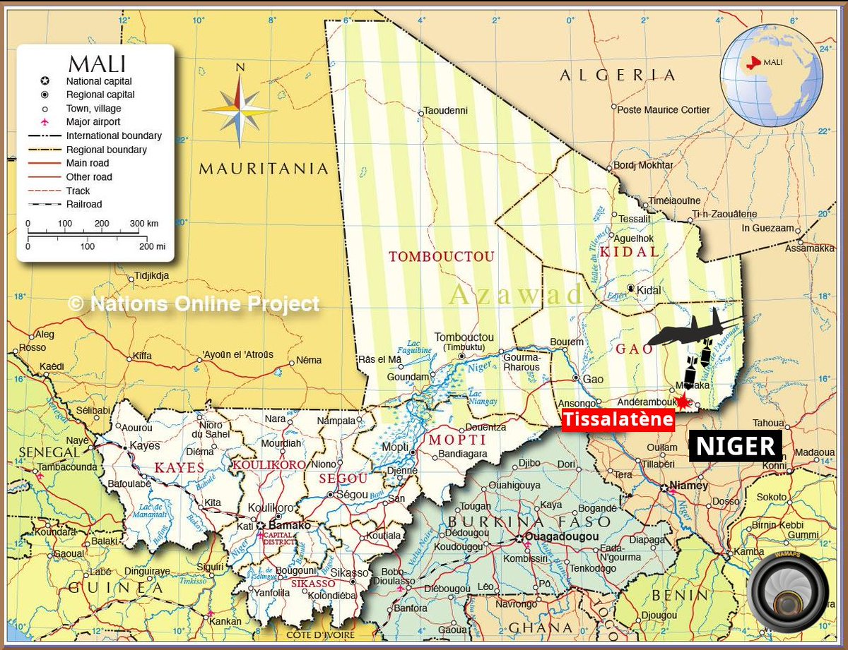 Wamaps_news's tweet image. #Mali 🇲🇱 | Frontière #Niger 🇳🇪 (#AES).
16/11 Engagement des vecteurs aériens nigériens suite à une attaque terroriste à #Tissalatène (#Tissilatane).
❌ De violents affrontements ont eu lieu après le bombardement.
🔴 Pas de bilan disponible pour le moment.
⚠️ L'#EIGS reprend son