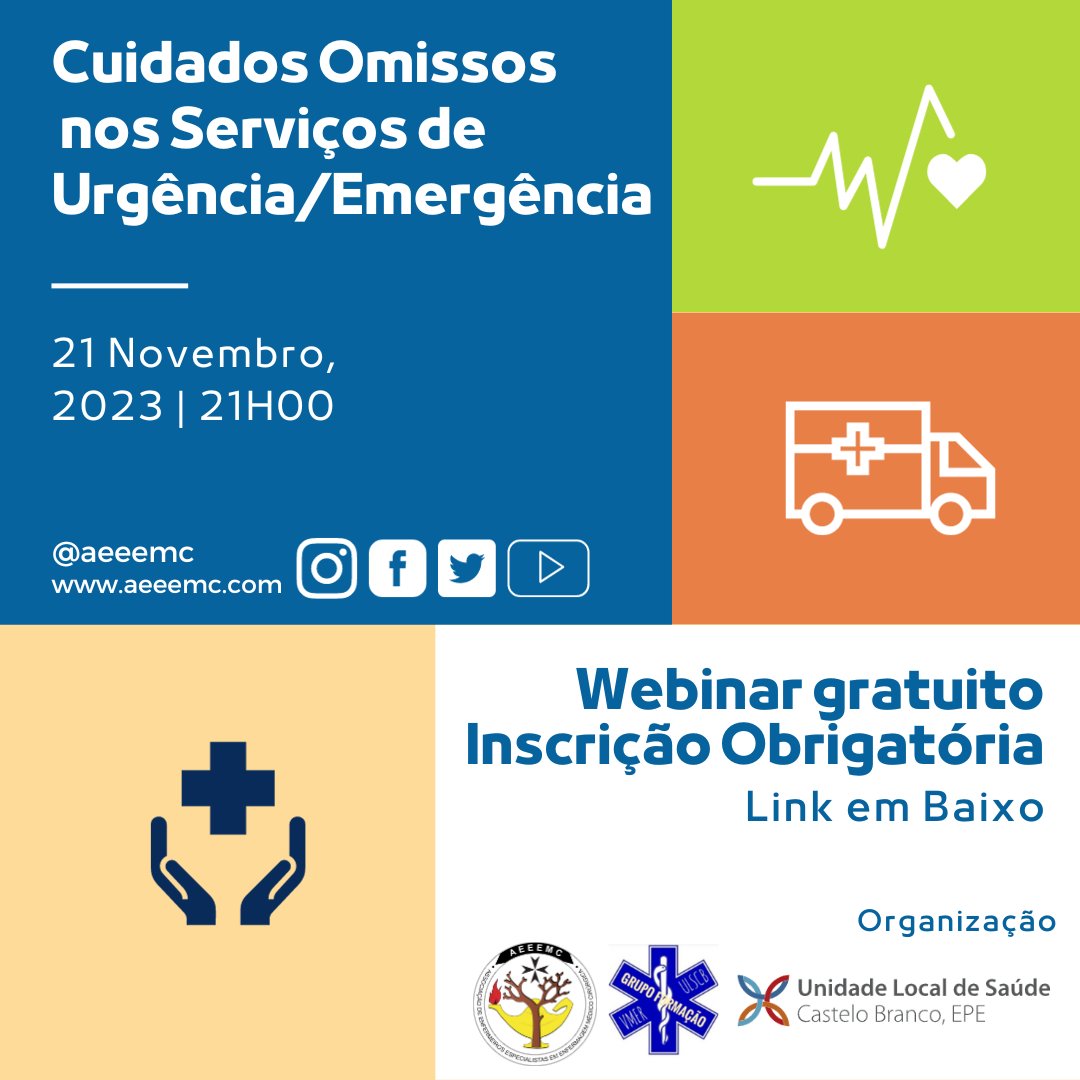 AEEEMC1's tweet photo. Dia 21/11/2022 a AEEEMC, Unidade Local de Saúde Castelo Branco e a Vmer de Castelo Branco vão organizar um Webinar - Plataforma Teams, com a temática: "Cuidados Omissos nos Serviços de Urgência/Emergência”
O webinar é gratuito mas de inscrição obrigatória: https://t.co/dRSuKe88Mu https://t.co/sIrH1QkPUC