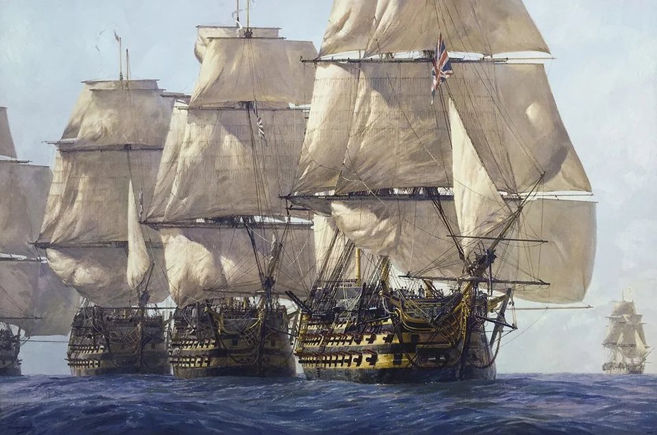 r116440's tweet photo. โ๏ธ๐ฌ๐ง @RoyalNavy "Heavyweight Punch" by Geoff Hunt. 'Victory' leads the line into Trafalgar, followed by 'Temeraire' and 'Neptune' #Trafalgar #navy #naval #warship #shipsoftheline #firstrate https://t.co/GYIxakiO7B