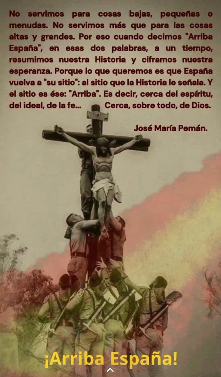 Nosotros, como Pemán escribía, solo estamos destinados para las grandes hazañas, por ello debemos estar unidos y prestos a defender, a cualquier precio, a Dios y nuestra Patria, que sin la consagración a su sacratisimo corazón, no sería España. Arriba España !!!!