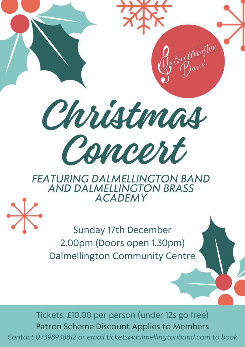 Our Christmas concert is coming soon!🎅🏼🎄

Dalmellington Band and Dalmellington Brass Academy are teaming up to bring you a fun-filled concert this Christmas! 

Simply contact 07398938812 or email tickets@dalmellingtonband.com to reserve your tickets🎟️