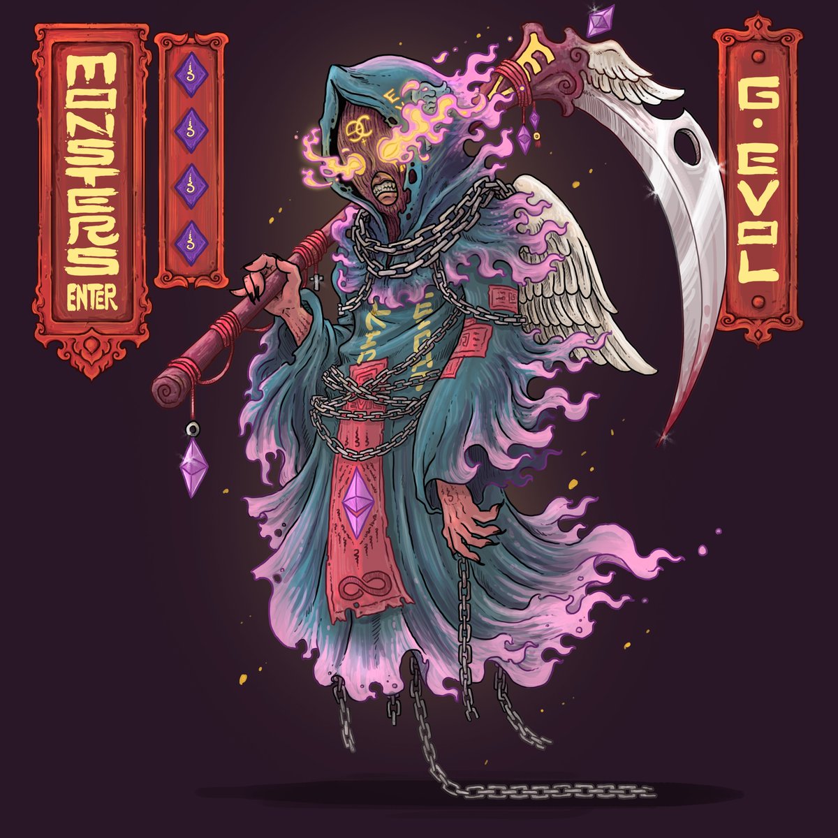 MONSTERS ENTER x EVOLARTCOMP - G'EVOL

Original character by KidEight.
Designed to be a grim reaper. It is fierce and colorful.

#NFTs #NFTartist