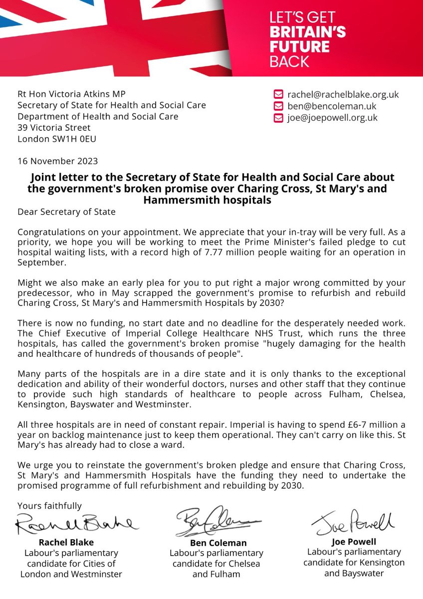 New Health Secretary needs to reinstate govt's broken promise to refurb/rebuild Charing Cross, St Mary's &amp; Hammersmith Hospitals by 2030. 
Healthcare for Chelsea, Fulham, Kensington, Bayswater &amp; Westminster residents is threatened. 
See my letter with <a href="/RNBlake/">Rachel Blake</a> &amp; <a href="/josephpowell/">Joe Powell MP</a>.