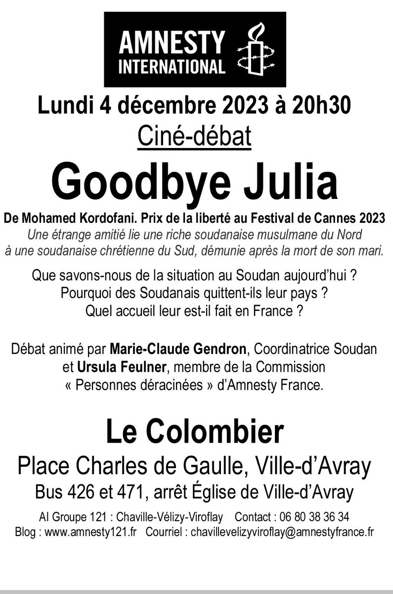jegfr's tweet photo. A l'occasion de la projection du film Goodbye Julia distribué par @ArpSelection le Cinéma Le  Colombier à @VilledAvray92 a convié @amnesty à venir nous parler de la situation au Soudan.
Un grand merci à F Darnault, MC Gendron et U Feulner pour leur engagement et leur dévouement. https://t.co/W8XjT5xf4x